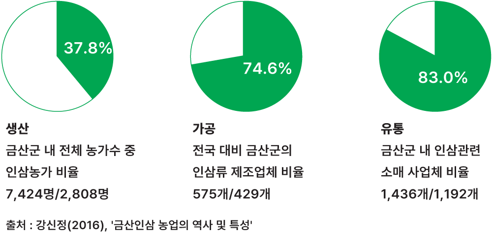 
													금산 인삼 농업의 생산, 가공, 유통 분야 현황을 보여주는 세 개의 녹색 원형 그래프(파이 차트).

													생산: 금산군 내 전체 농가 수 중 인삼 농가 비율은 37.8% (전체 7,424명 중 2,808명).
													가공: 전국 대비 금산군의 인삼류 제조업체 비율은 74.6% (전국 575개 중 429개).
													유통: 금산군 내 인삼 관련 소매 사업체 비율은 83.0% (전체 1,436개 중 1,192개).

													출처: 감신정(2016), '금산인삼 농업의 역사 및 특성'.
												